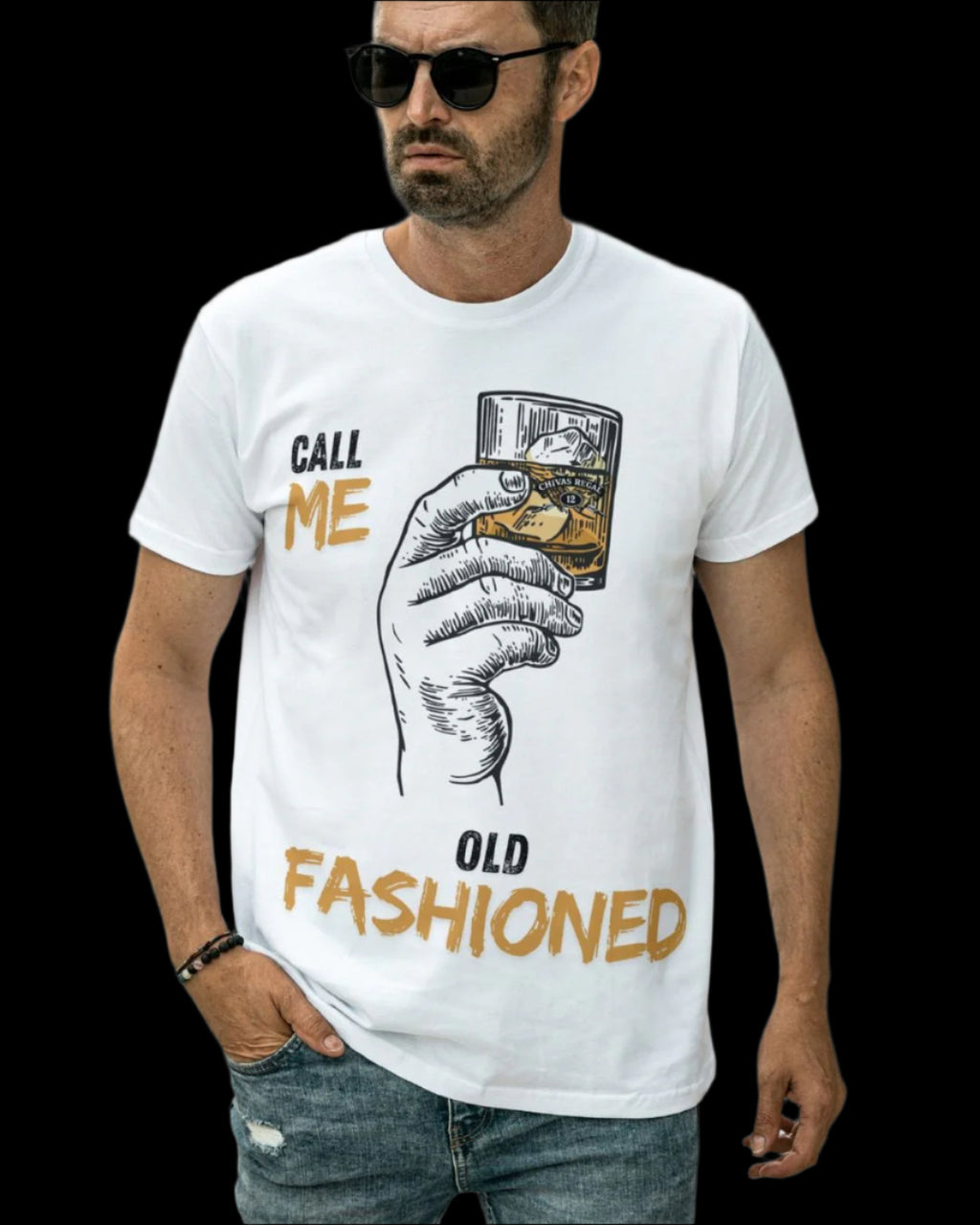 Man wearing a white t-shirt with an 'Old Fashioned' graphic and text.