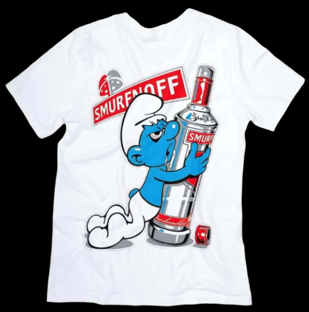 White t-shirt with a cartoon character holding a Smirnoff bottle on a white background