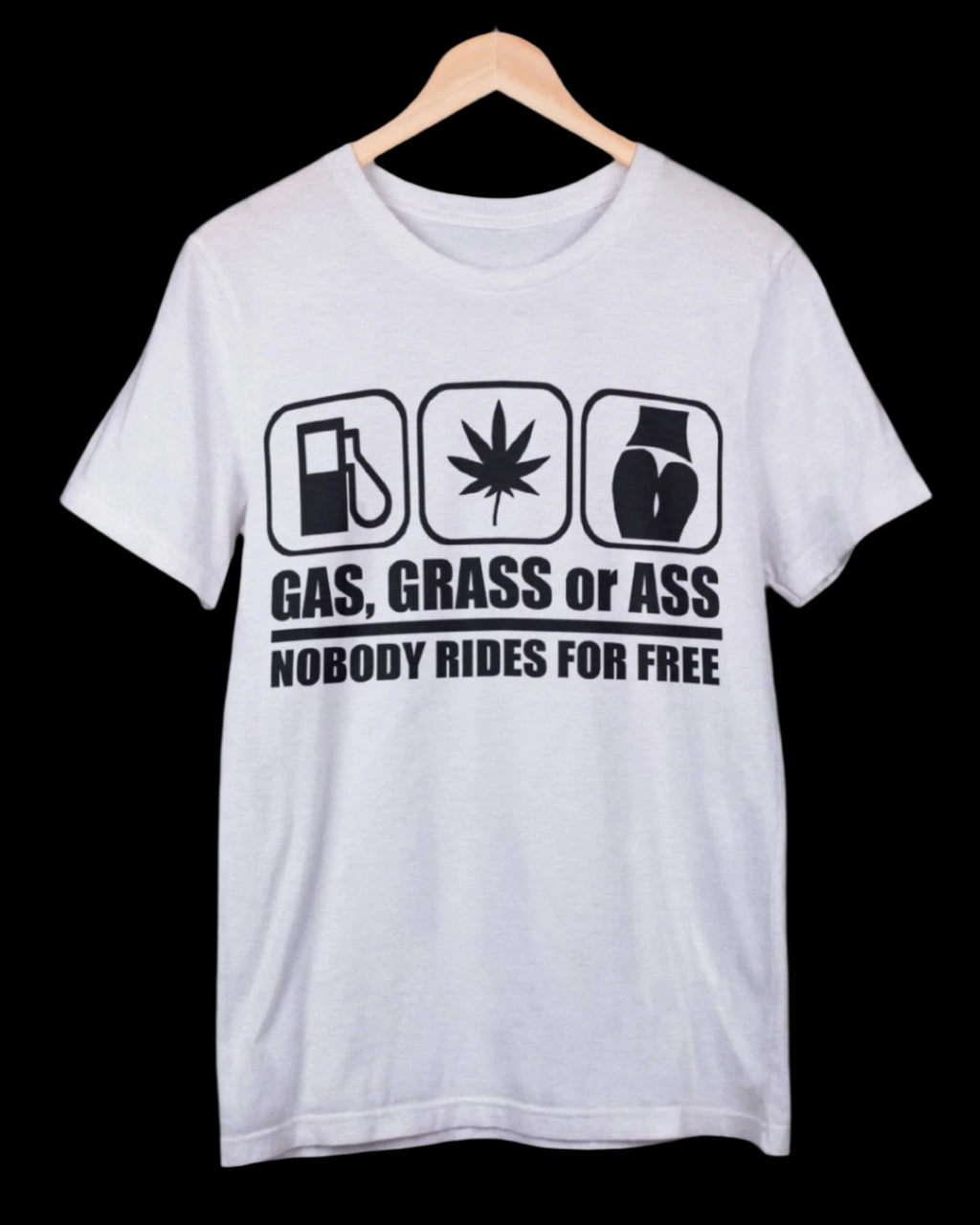 White t-shirt with black graphic and text on a white background