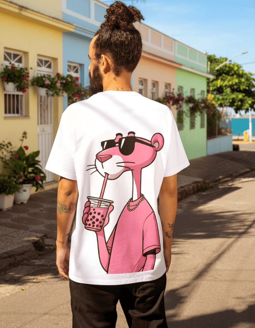 Pink Panther Sipping - Premium Cotton T-Shirt